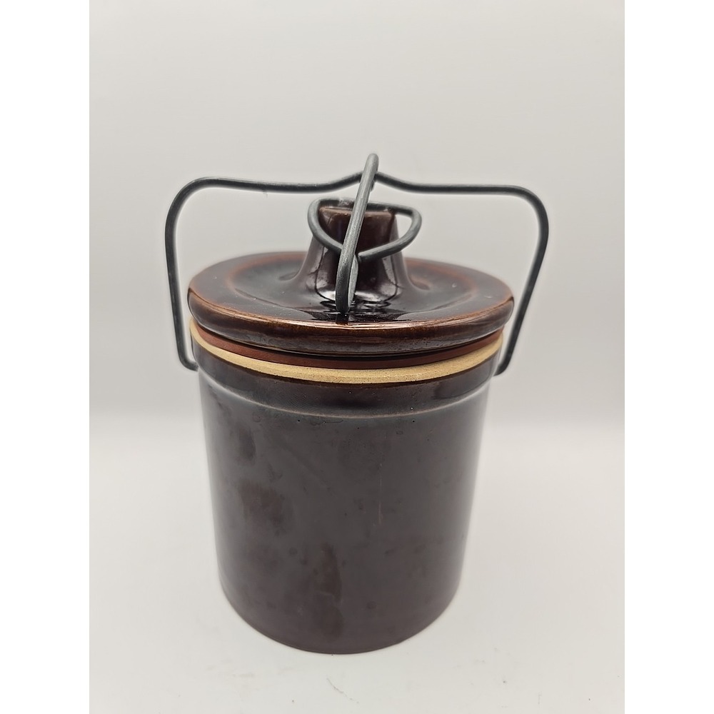 Vintage Small Glazed Butter Cheese Crock w/ Locking Bale Wire Lid‎ Brown Color
